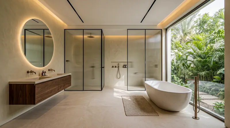 Luxury bathroom completed by the Almashhad Sky team: Master bathroom with a bathtub and garden view