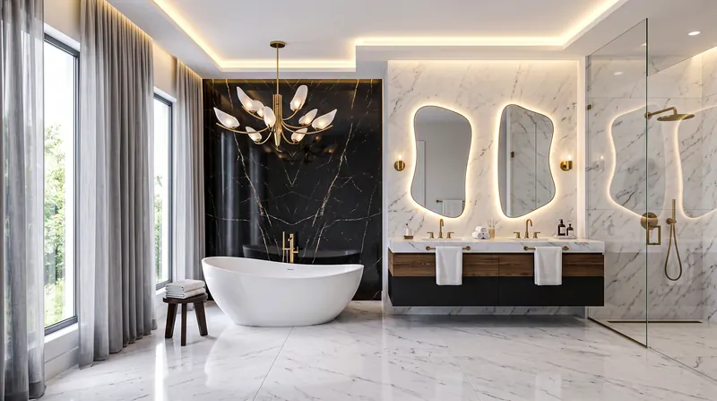 Luxury bathroom completed by the Almashhad Sky team: Black and white wall with a bathtub