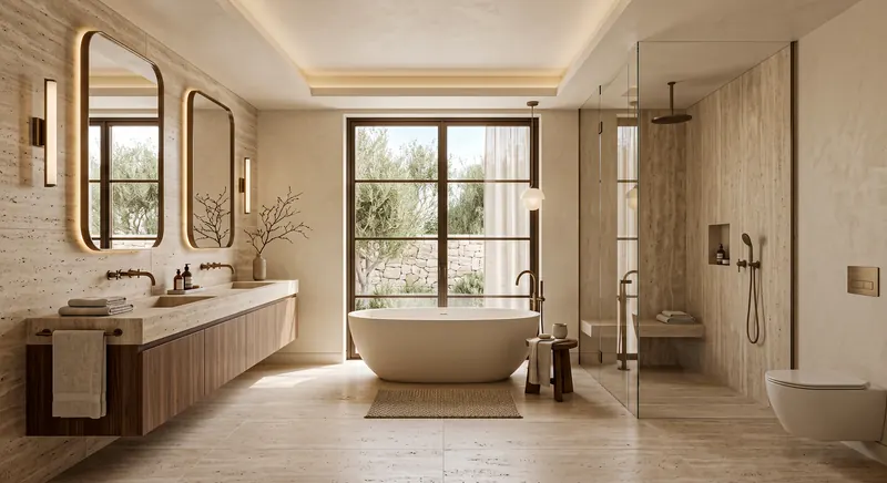 Luxury bathroom completed by the Almashhad Sky team: Bathtub in front of a wide window