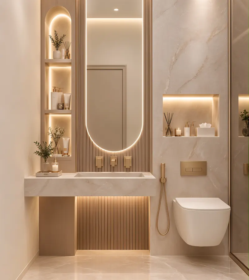 Luxury bathroom completed by the Almashhad Sky team: Oval mirror and warm hidden lighting