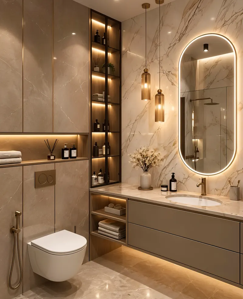 Luxury bathroom completed by the Almashhad Sky team: Warm colours and lit shelves