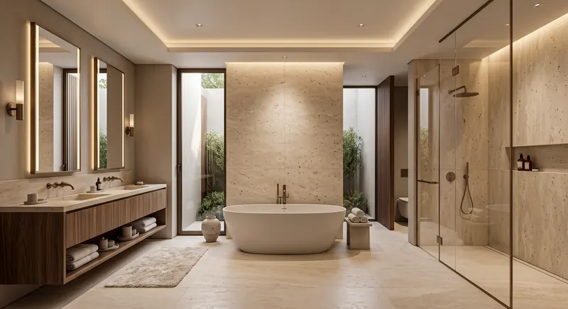 Luxury bathroom completed by the Almashhad Sky team: Master bathroom in warm colours with a bathtub
