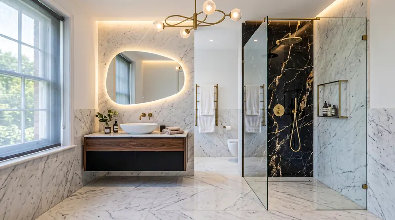 Luxury bathroom completed by the Almashhad Sky team: White bathroom with a black shower wall
