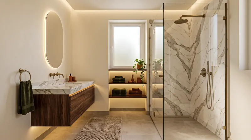 Luxury bathroom completed by the Almashhad Sky team: Glass shower and wall-hung wood vanity