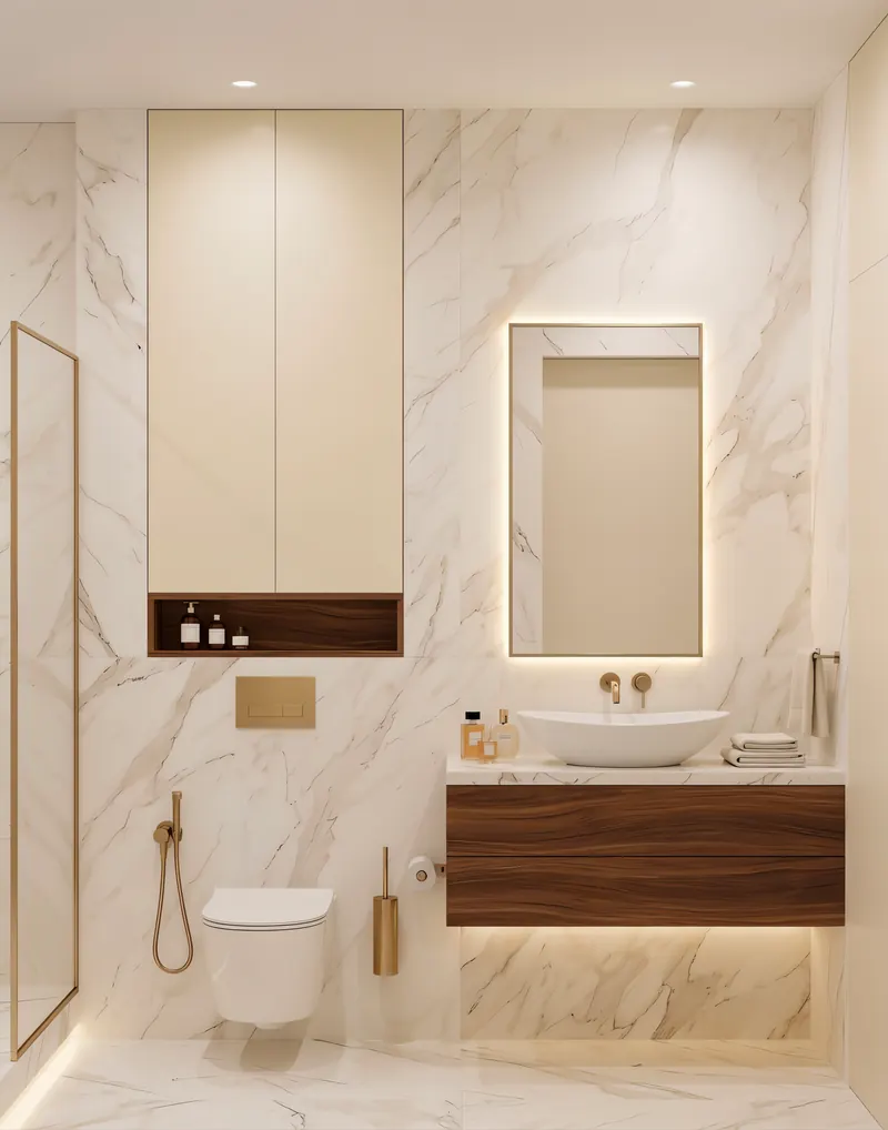Luxury bathroom completed by the Almashhad Sky team: Simple white look with a wood vanity