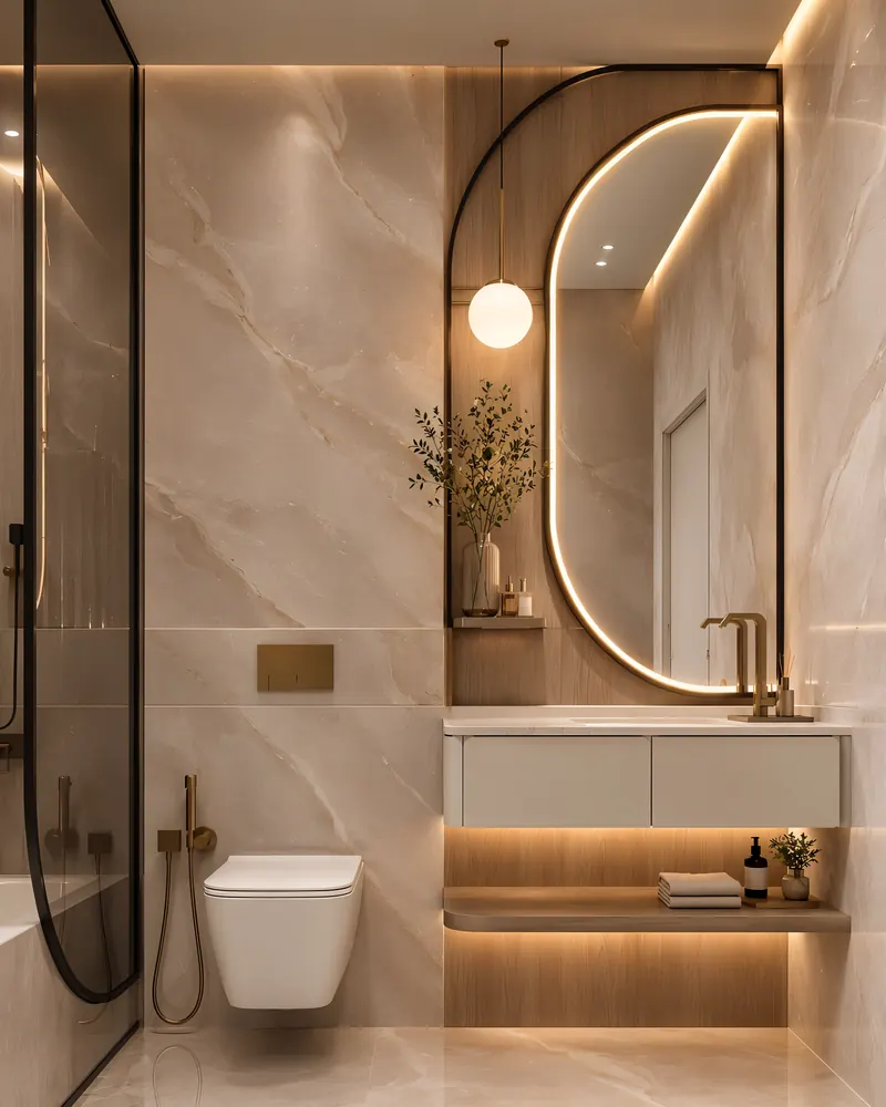 Luxury bathroom completed by the Almashhad Sky team: Arched mirror and wall-hung basin