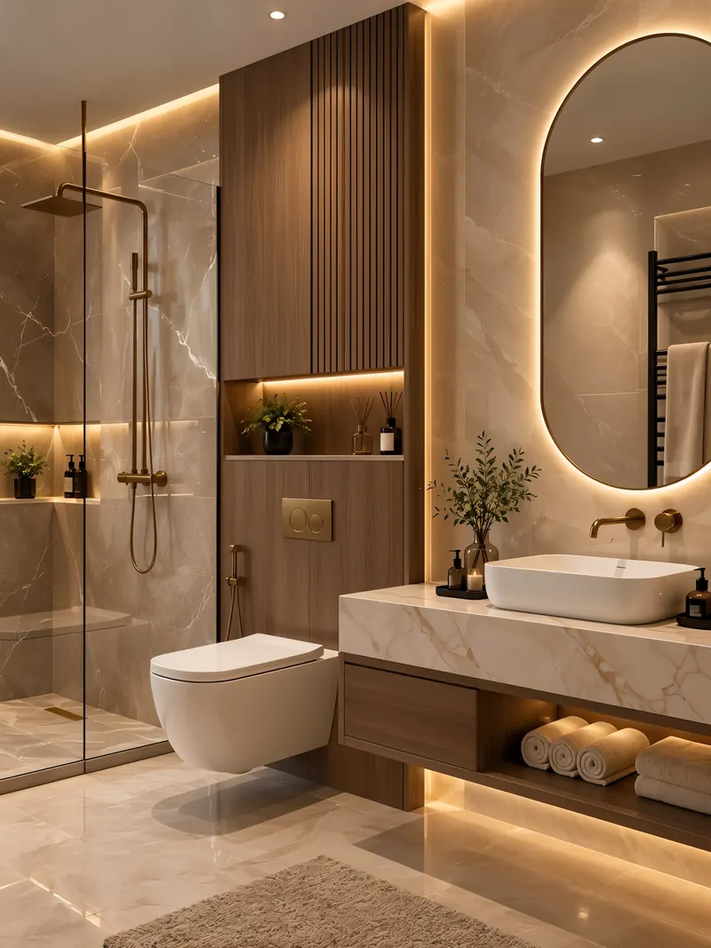 Luxury bathroom completed by the Almashhad Sky team: Oval mirror and warm colours