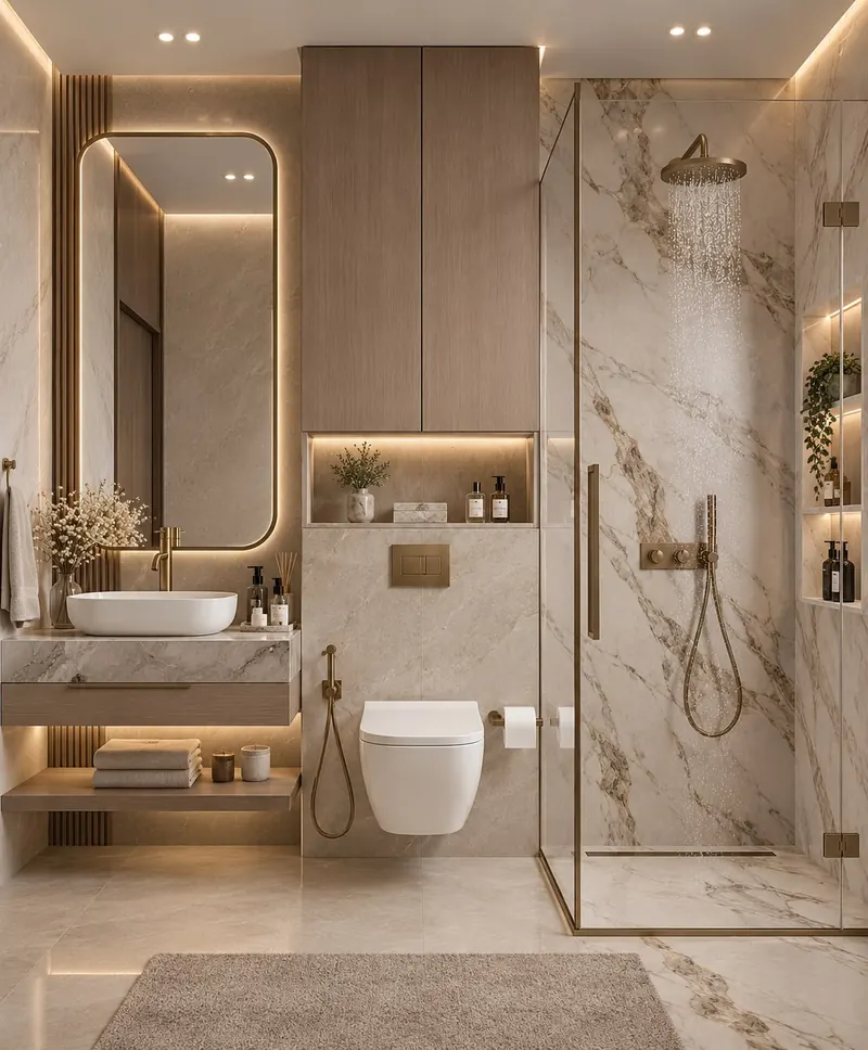 Luxury bathroom completed by the Almashhad Sky team: Glass shower with a feature wall