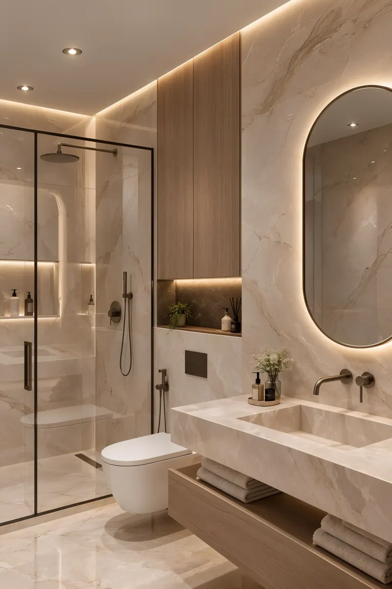 Luxury bathroom completed by the Almashhad Sky team: Basin and wood with hidden lighting