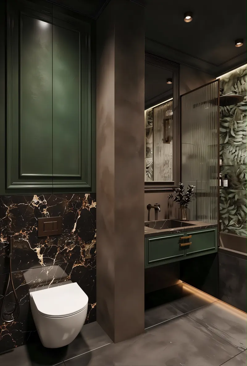 Luxury bathroom completed by the Almashhad Sky team: Dark green and black