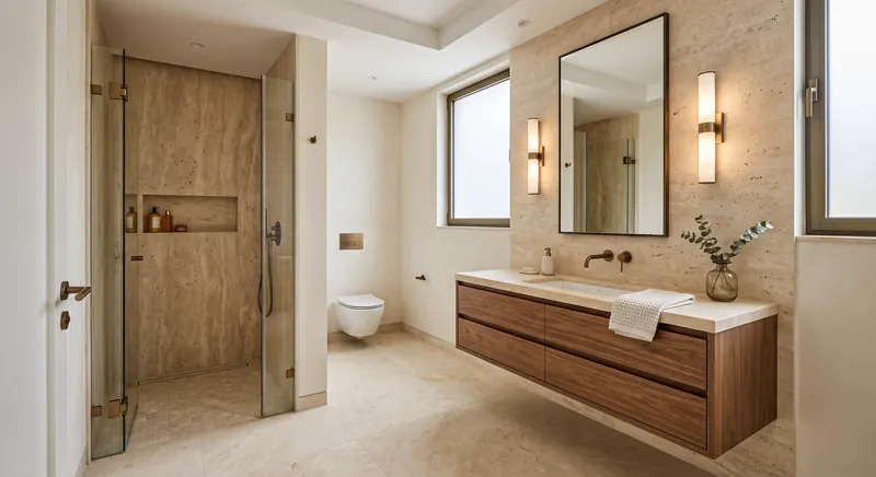 Luxury bathroom completed by the Almashhad Sky team: Glass shower and wall-hung vanity with drawers