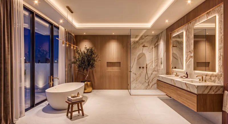 Luxury bathroom completed by the Almashhad Sky team: Bathtub with a view and two wall-hung basins