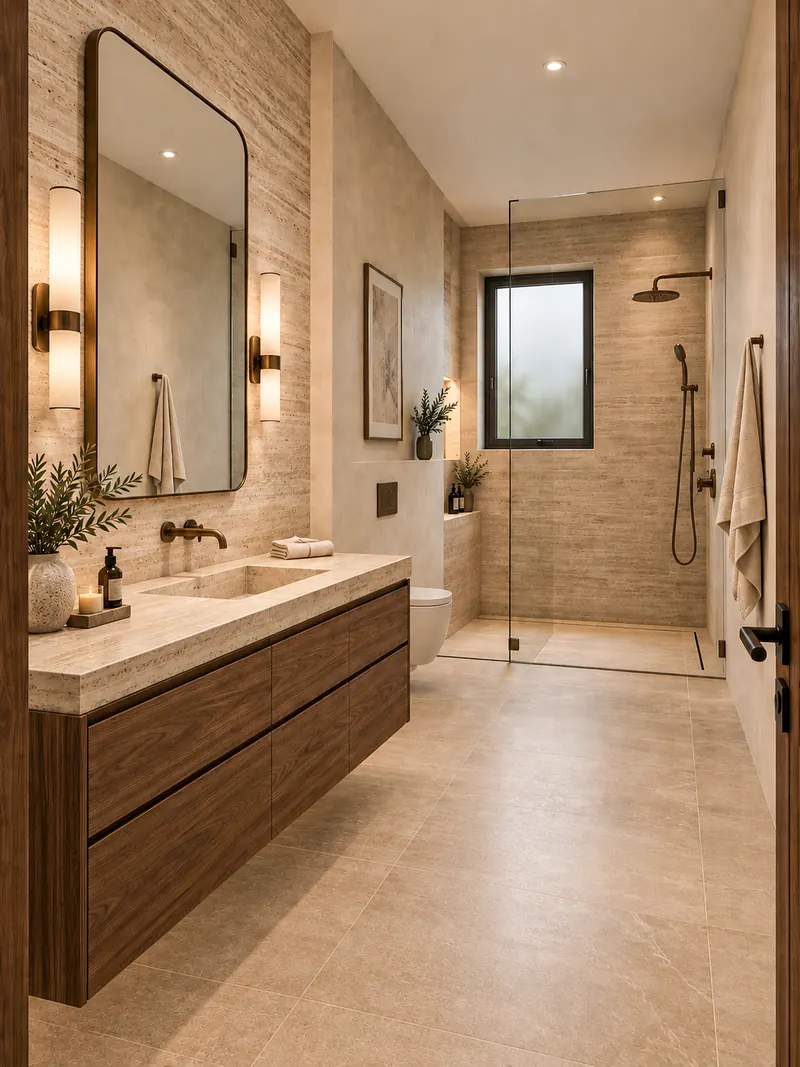 Luxury bathroom completed by the Almashhad Sky team: Vanity with drawers and a shower behind glass