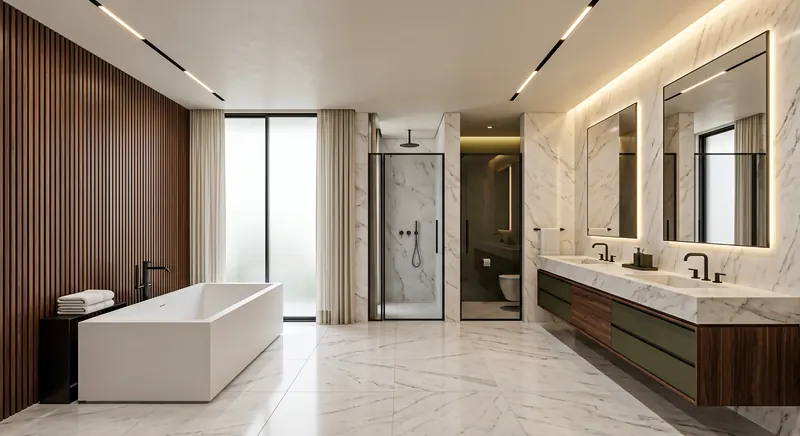 Luxury bathroom completed by the Almashhad Sky team: Rectangular bathtub and two basins with lit mirrors