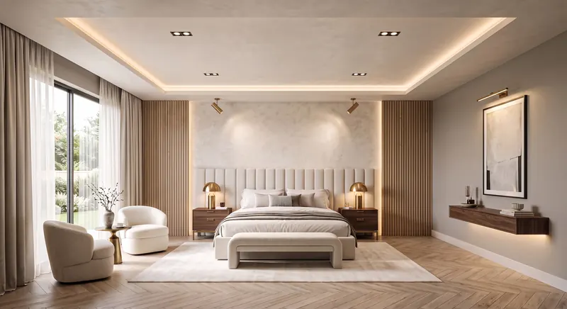 Bedroom completed by the Almashhad Sky team: Upholstered headboard wall in light colours
