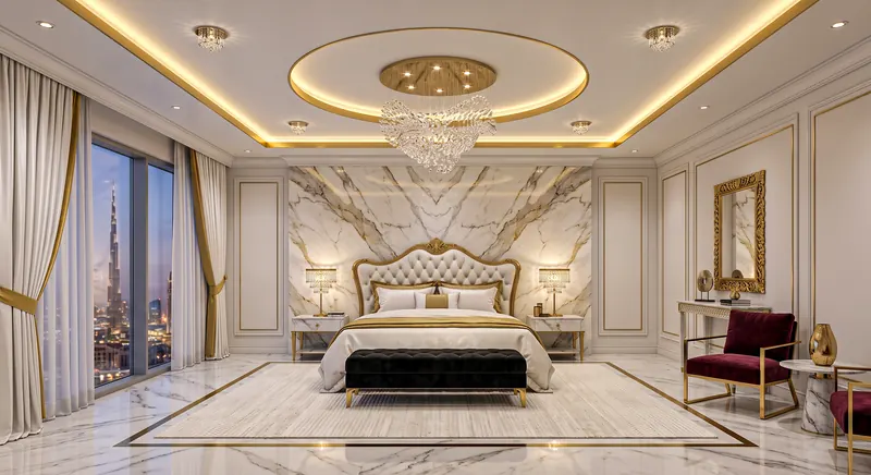 Bedroom completed by the Almashhad Sky team: Light-veined headboard wall and a lit round ceiling