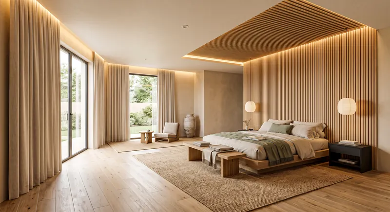 Bedroom completed by the Almashhad Sky team: Wood slat ceiling with hidden lighting