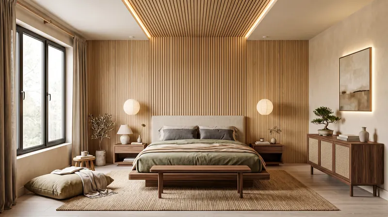 Bedroom completed by the Almashhad Sky team: Wood slat wall in calm colours