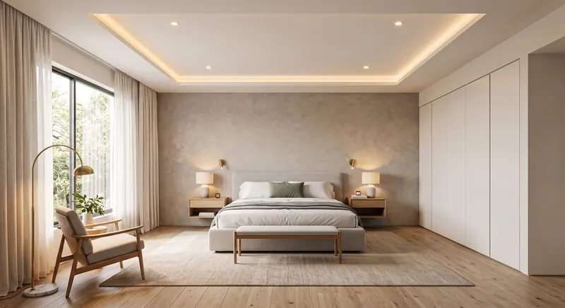 Bedroom completed by the Almashhad Sky team: Simple bedroom with white wardrobes up to the ceiling
