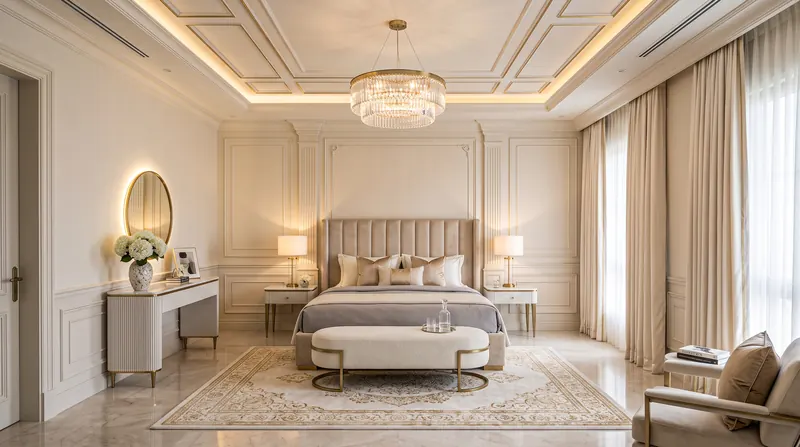 Bedroom completed by the Almashhad Sky team: Classic wall panelling and a hanging chandelier