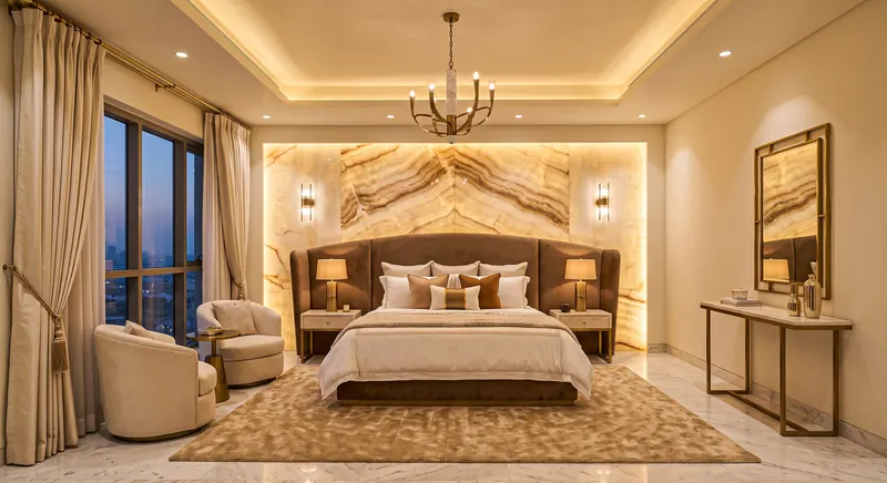 Bedroom completed by the Almashhad Sky team: Backlit headboard wall and ceiling with hidden lighting