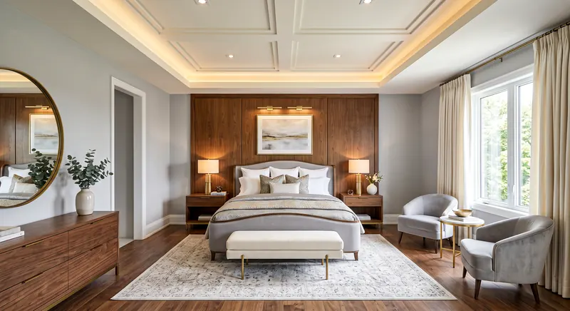 Bedroom completed by the Almashhad Sky team: Wood wall and a ceiling with a lit frame