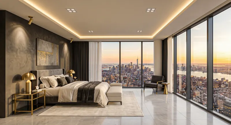 Bedroom completed by the Almashhad Sky team: Suite with a wide view and a dark wall
