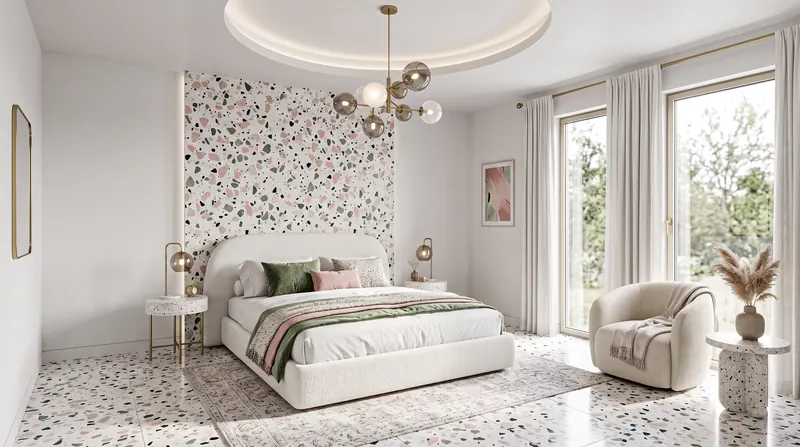 Bedroom completed by the Almashhad Sky team: Colourful patterned wall and a round ceiling