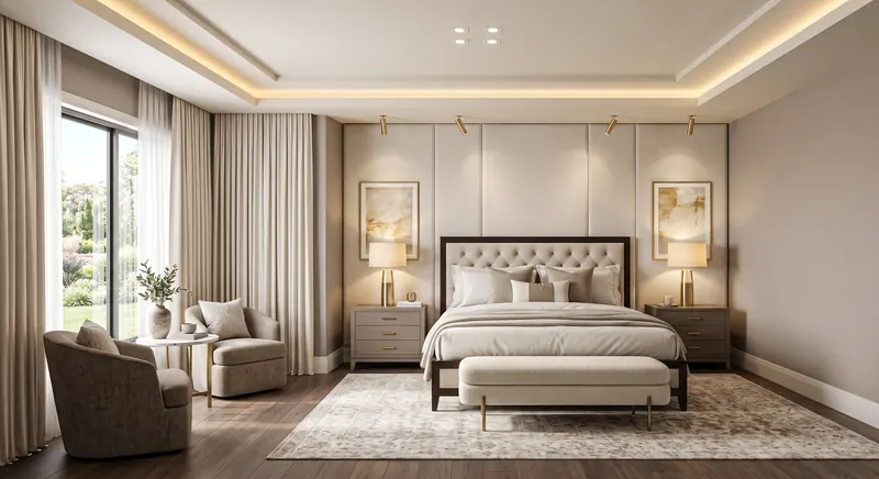 Bedroom completed by the Almashhad Sky team: Upholstered panels behind the bed, with lighting