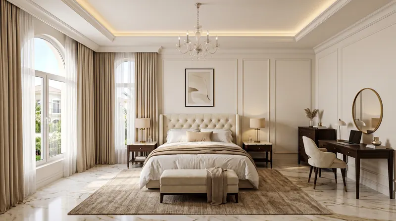Bedroom completed by the Almashhad Sky team: Classic room with wall panelling