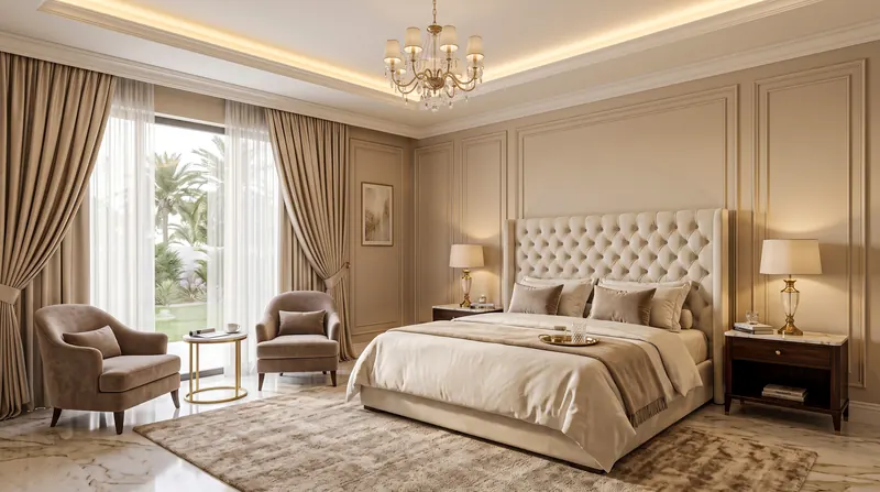 Bedroom completed by the Almashhad Sky team: Classic room with wall panelling and an upholstered bed