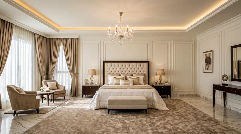 Bedroom completed by the Almashhad Sky team: Classic master suite with white wall panelling
