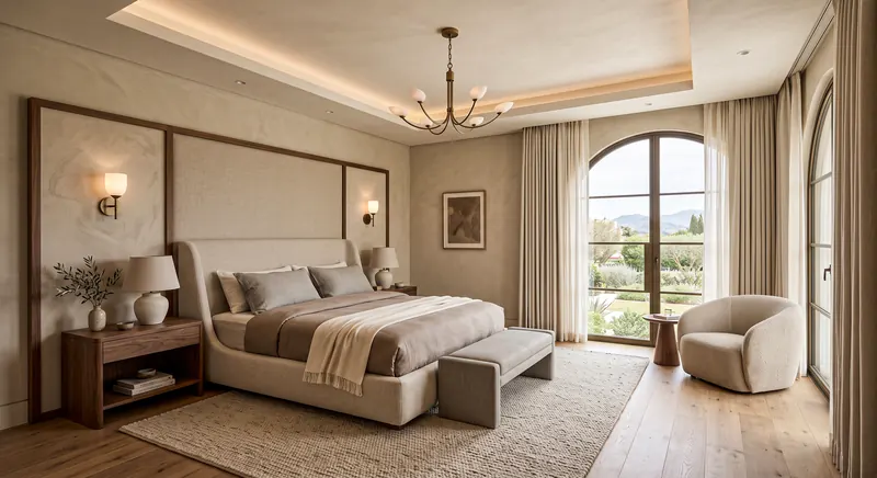 Bedroom completed by the Almashhad Sky team: Upholstered headboard wall and arched windows