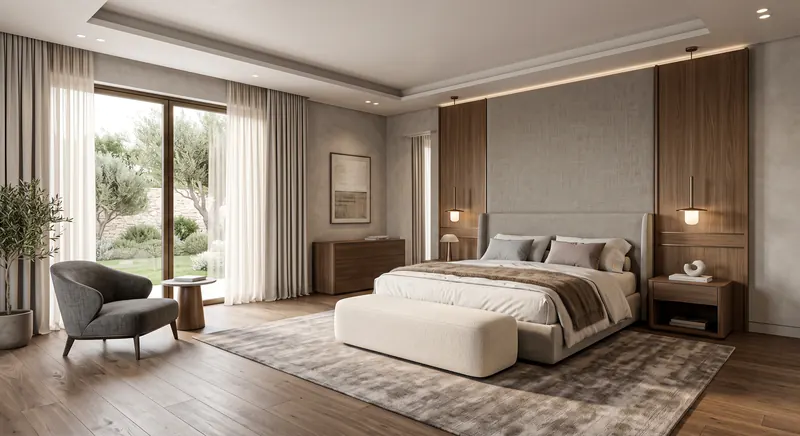 Bedroom completed by the Almashhad Sky team: Calm master bedroom with a wood wall and lighting