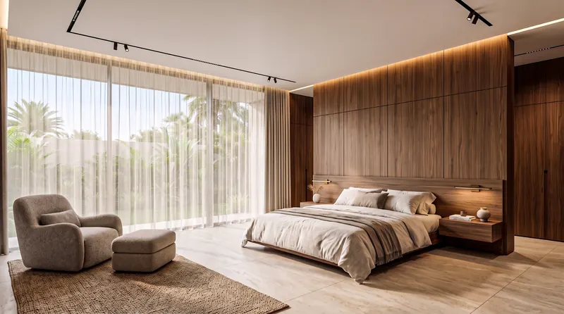 Bedroom completed by the Almashhad Sky team: Warm wood wall and sheer curtains