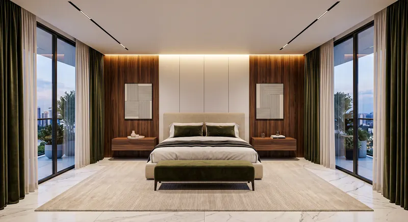 Bedroom completed by the Almashhad Sky team: Wood wall with hidden lighting
