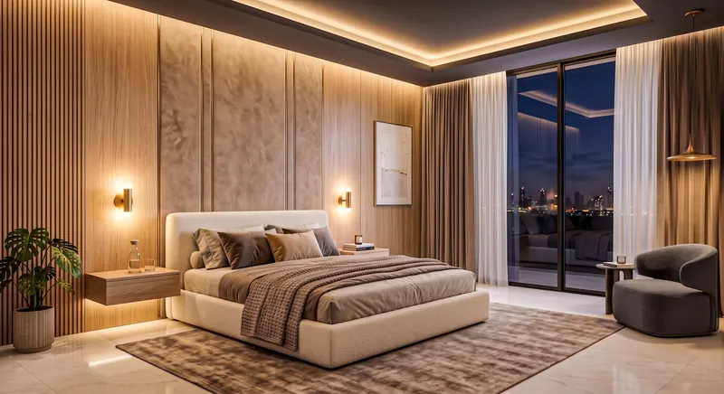 Bedroom completed by the Almashhad Sky team: Bed against an upholstered wall, with a night view