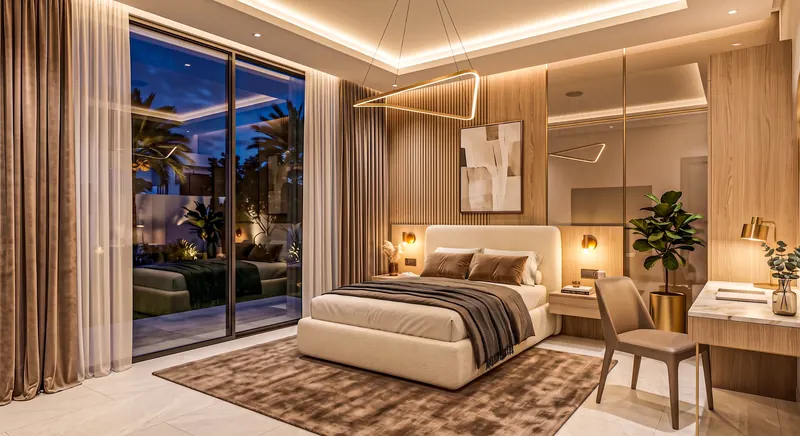 Bedroom completed by the Almashhad Sky team: Bedroom with a small desk and a garden view