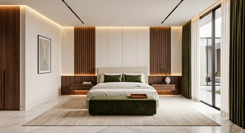 Bedroom completed by the Almashhad Sky team: Wall behind the bed between two dark panels