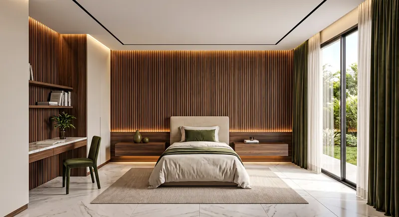 Bedroom completed by the Almashhad Sky team: Single bed with a slatted wall and a side desk