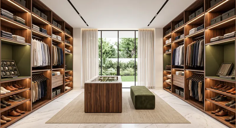 Dressing room completed by the Almashhad Sky team: Open walk-in closet with a wood island and a window