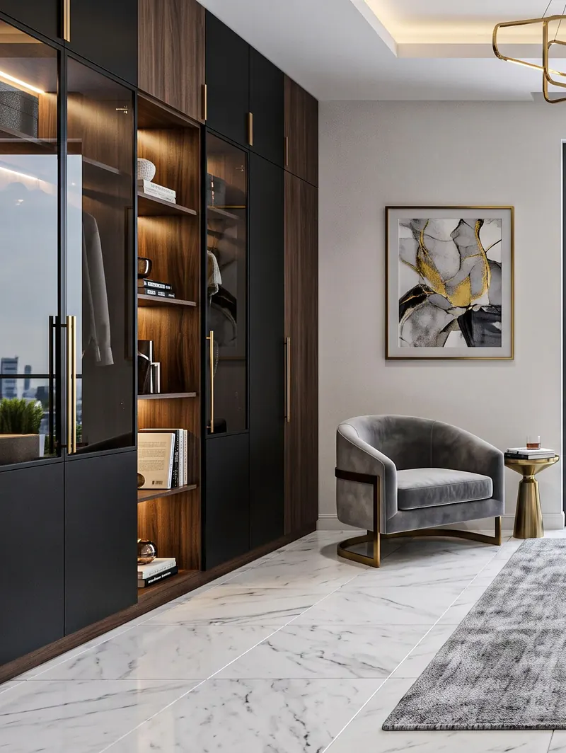 Dressing room completed by the Almashhad Sky team: Dark built-in wardrobe with see-through fronts and lit shelves