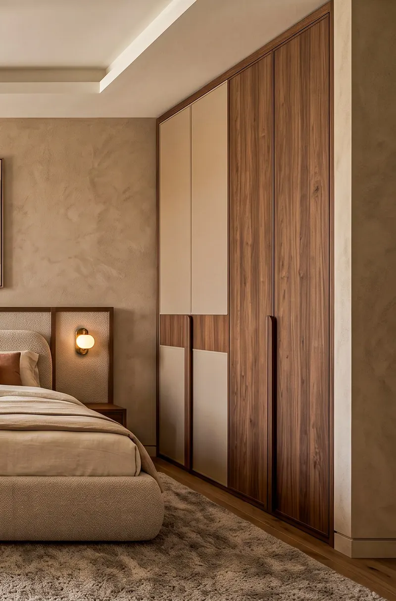Dressing room completed by the Almashhad Sky team: Wood and beige built-in wardrobe up to the ceiling
