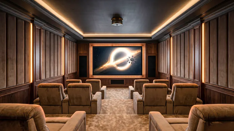 Home cinema room by the Almashhad Sky team: Classic home cinema with padded walls and warm-toned chairs