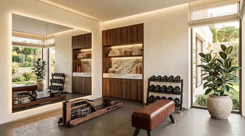 Home gym by the Almashhad Sky team: Bright home gym with lit shelves and a mirror with hidden lighting
