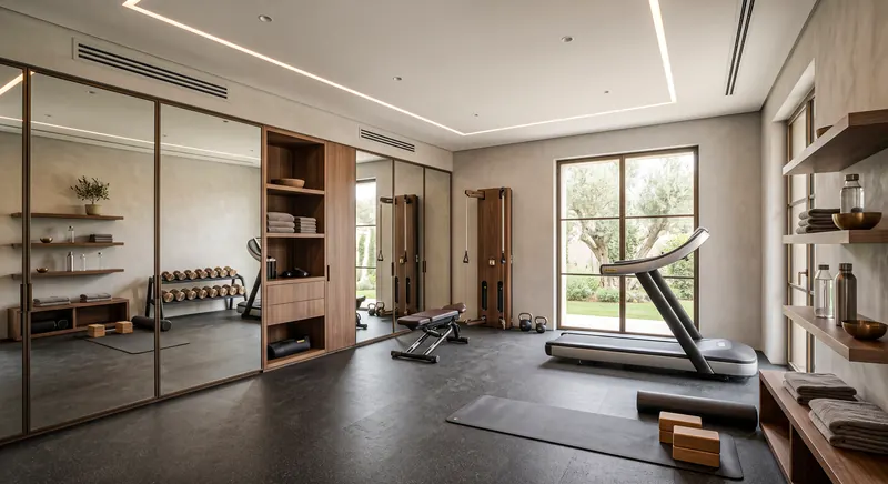 Home gym by the Almashhad Sky team: Simple home gym with a mirror wall and open shelves