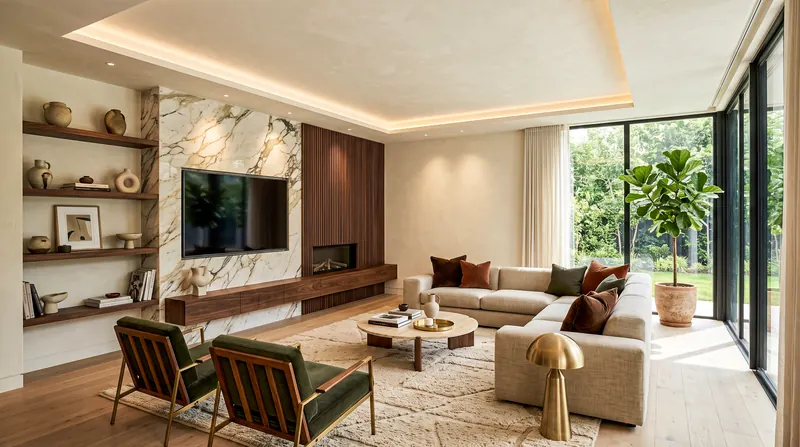 Home completed by the Almashhad Sky team: Warm living room with a TV wall and open shelves