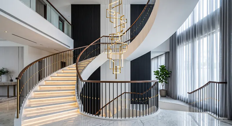 Home completed by the Almashhad Sky team: Spiral staircase with hidden lighting