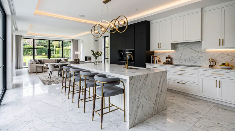 Home completed by the Almashhad Sky team: Open kitchen with an island and bar stools