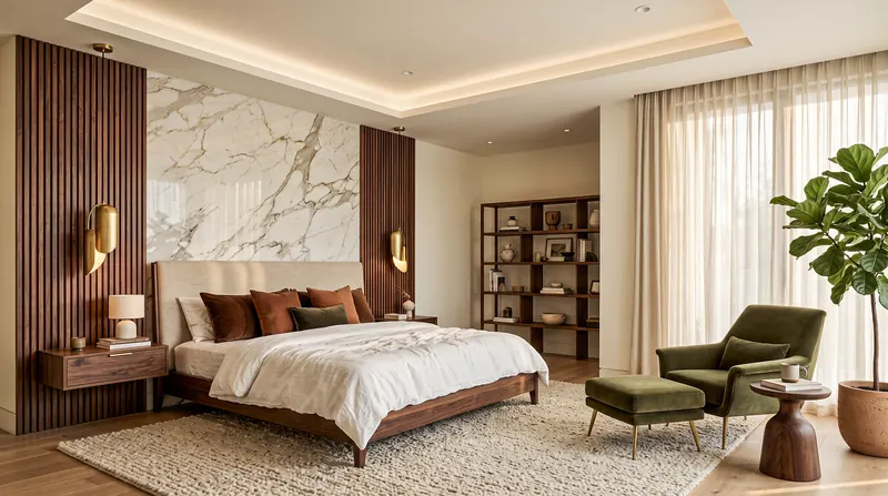 Home completed by the Almashhad Sky team: Warm master bedroom with a reading corner